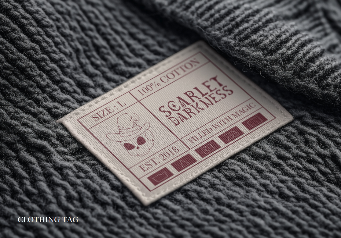 Scarlet Darkness Brandbook - a clothing label tag on fabric